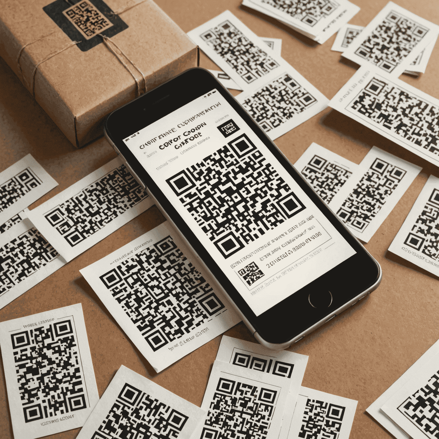 Ilustrace zobrazující přechod z papírových kupónů na digitální, s chytrým telefonem zobrazujícím QR kód kupónu vedle hromady starých papírových kupónů