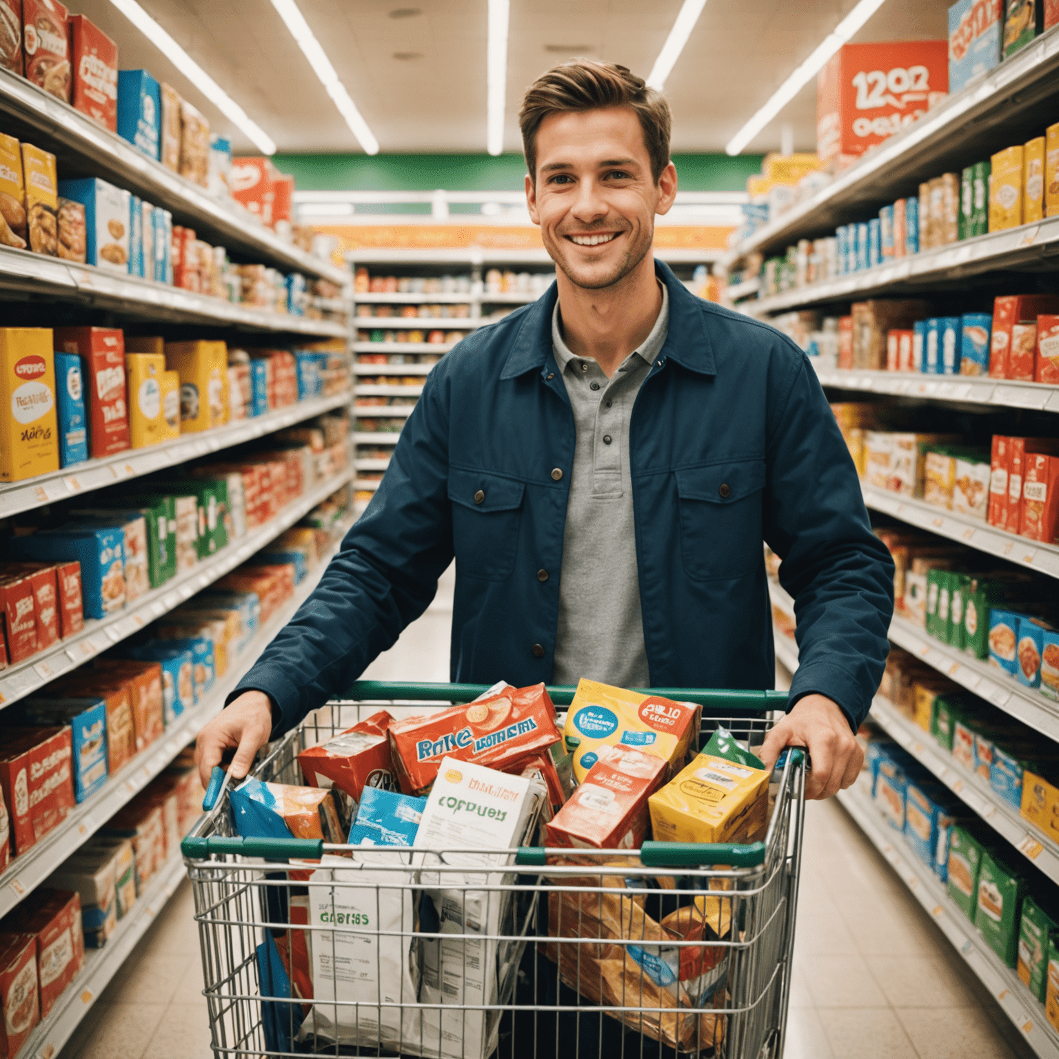 Osoba držící velké množství kupónů a nakupující vozík plný zboží v supermarketu