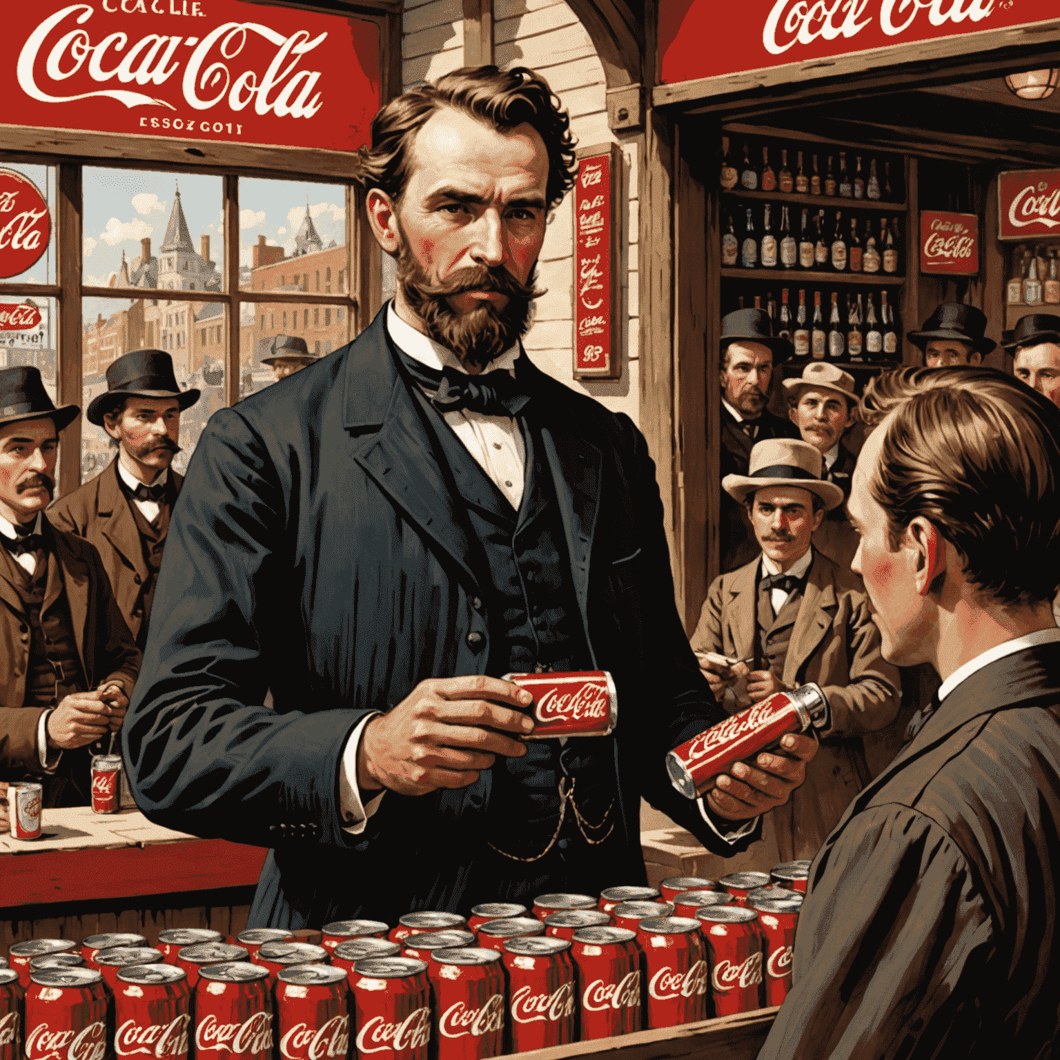 Asa Candler rozdávající první slevové kupóny na Coca-Colu v roce 1887