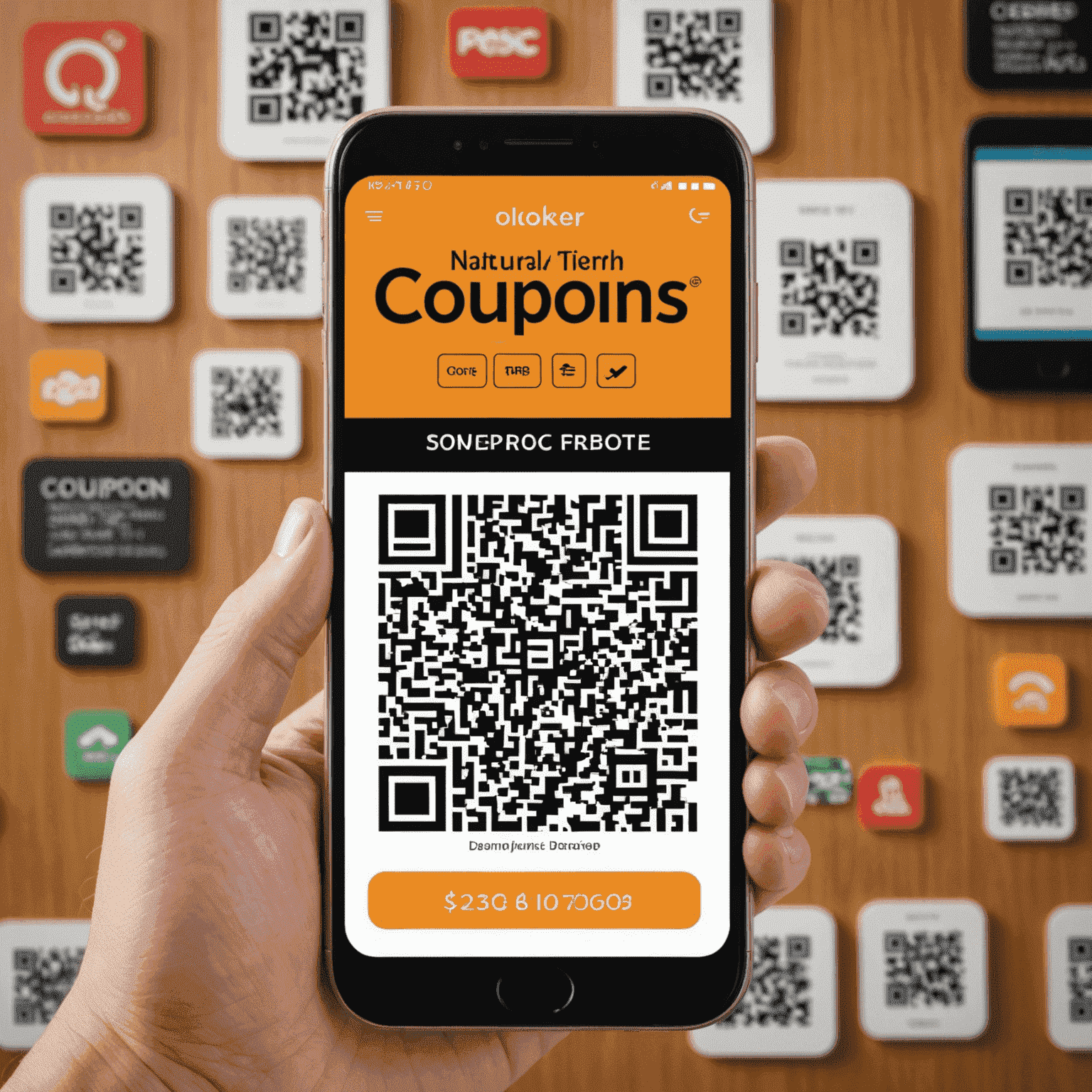 Moderní smartphone zobrazující aplikaci s digitálními kupony a QR kódy